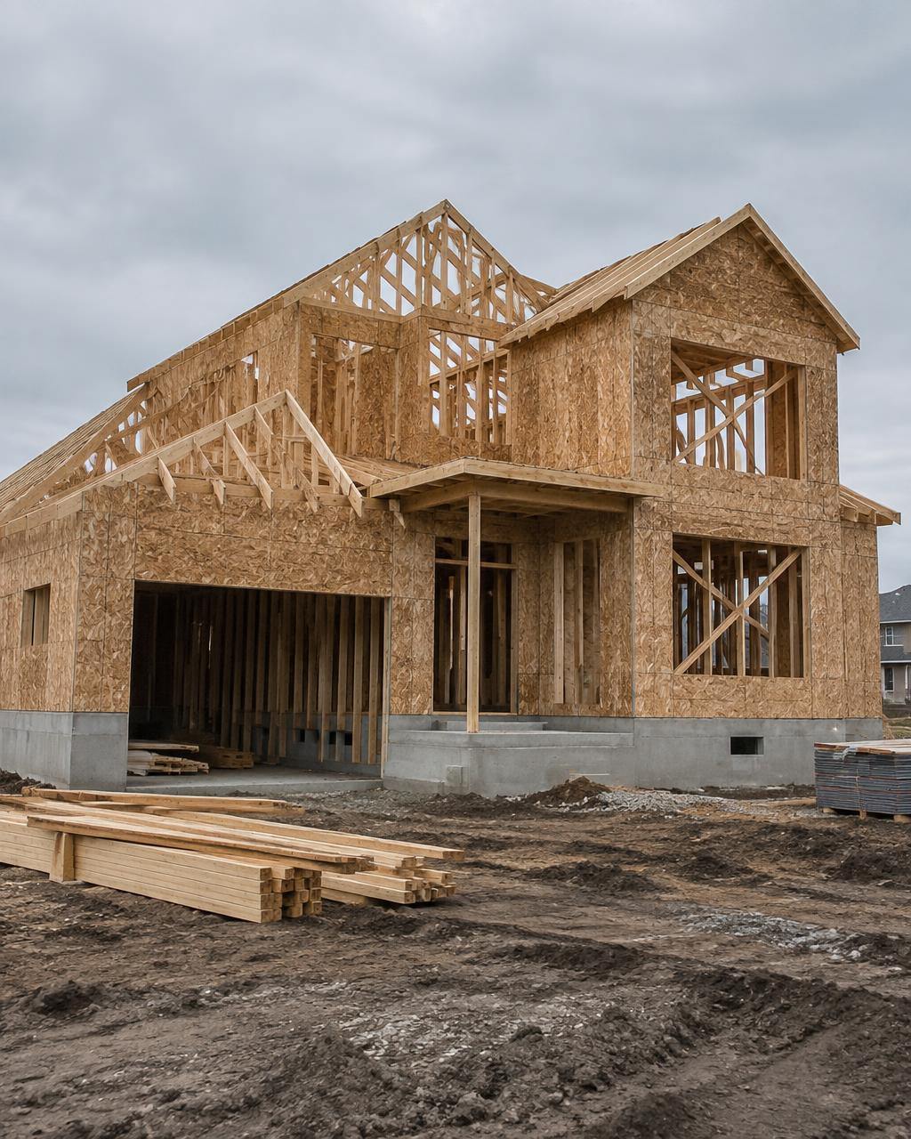 Image représentative d'une maison en construction, charpente de bois et panneaux de contreplaqué