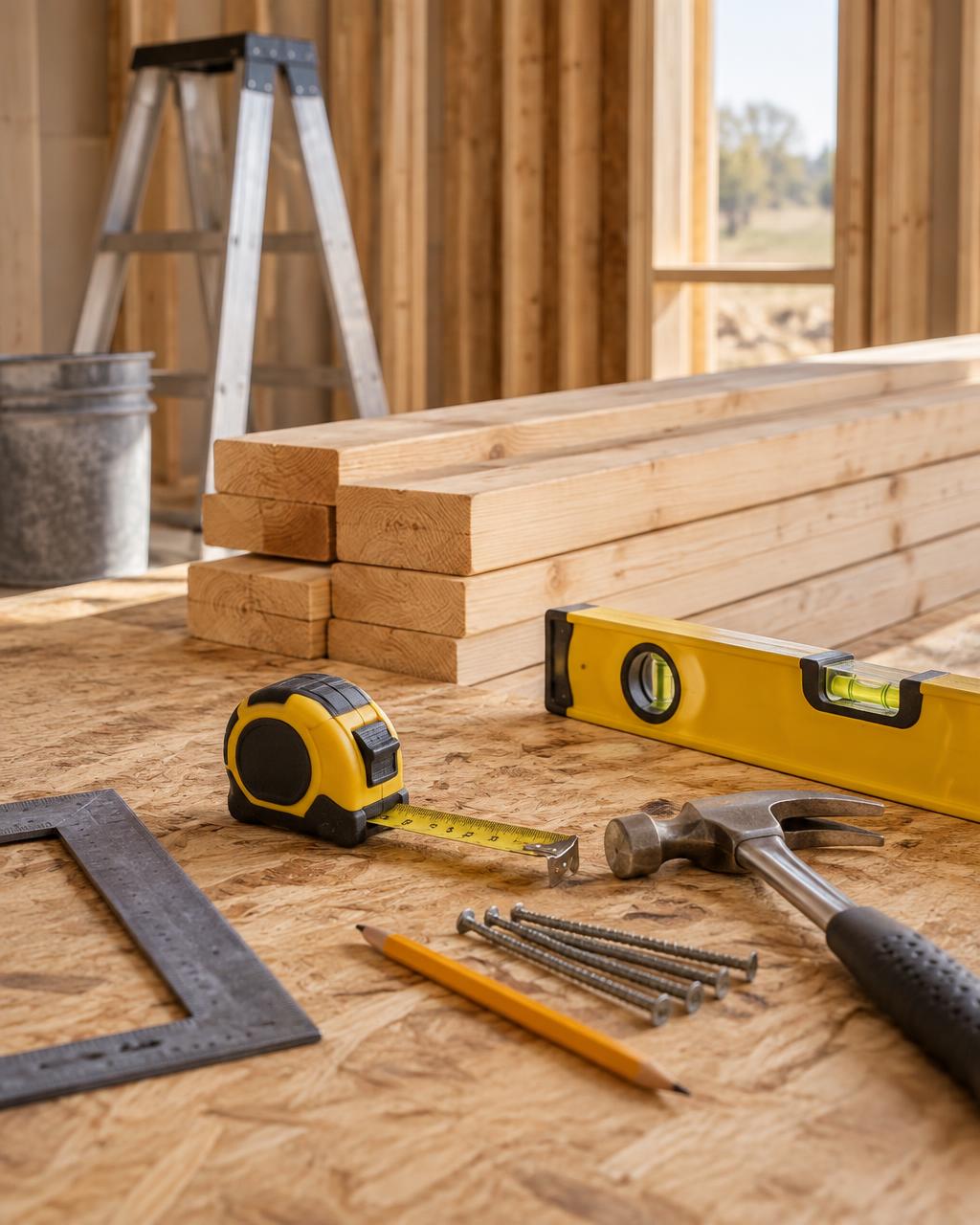 Image représentative d'outils de construction et de matériaux de bois sur un chantier